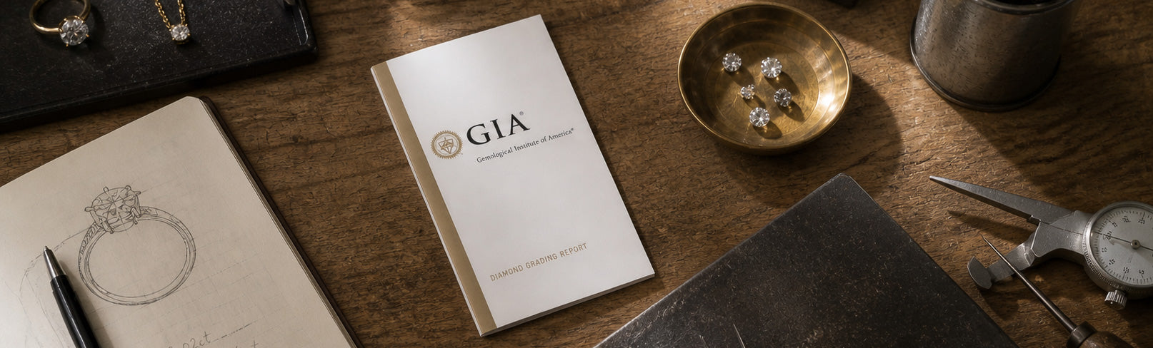 GIA diamond grading report with loose diamonds and jeweller tools on a workbench by William Edouard