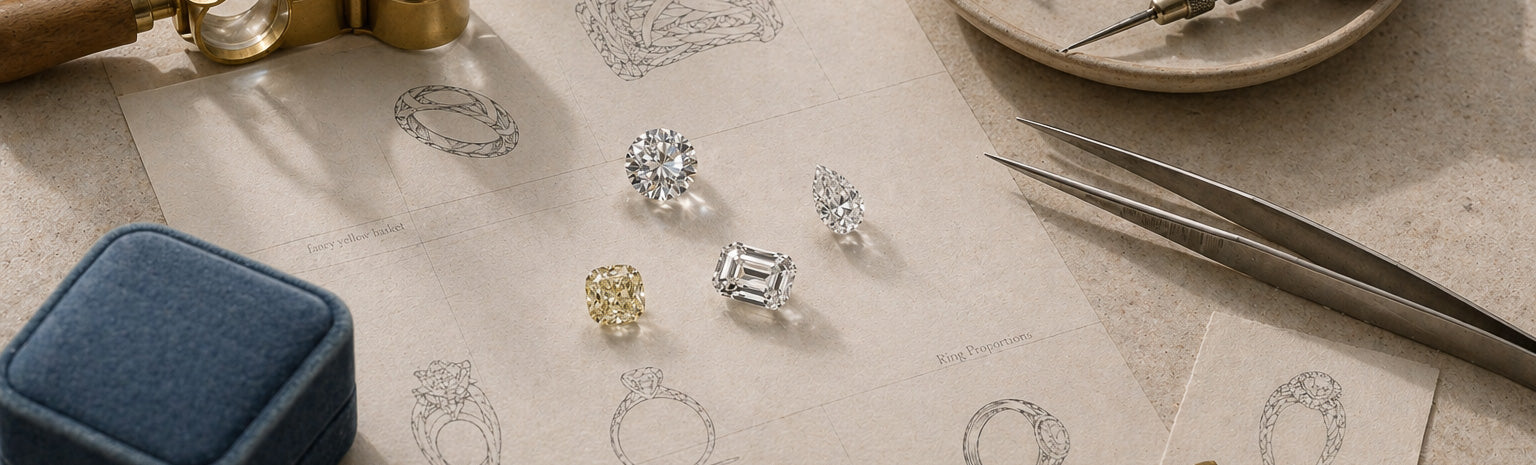 Selection of loose diamonds on engagement ring design sketches with jeweller tools by William Edouard