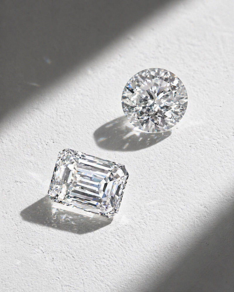 Round and emerald cut loose diamonds displayed on a textured surface, showcasing brilliance by William Edouard