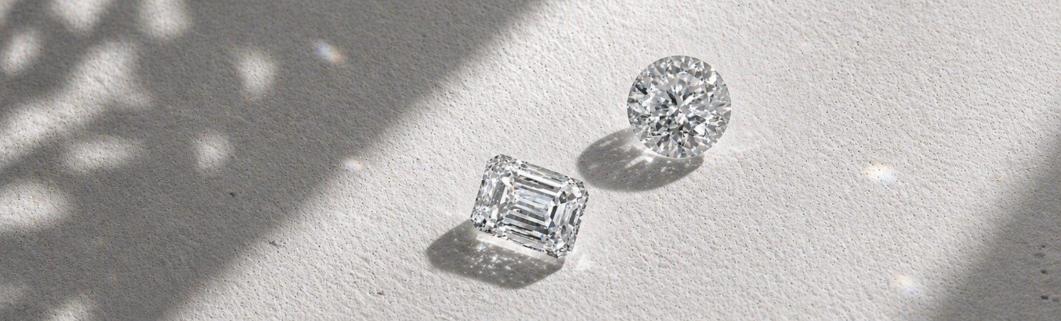 Round and emerald cut loose diamonds displayed on a textured surface, showcasing brilliance by William Edouard